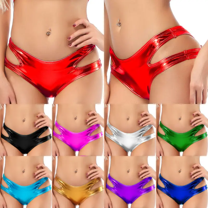 

Womens Shiny Metallic Hollow Out Briefs PU Leather Hot Shorts Underwear Rave Dance Clubwear Pole Dancing Panties New Fashion