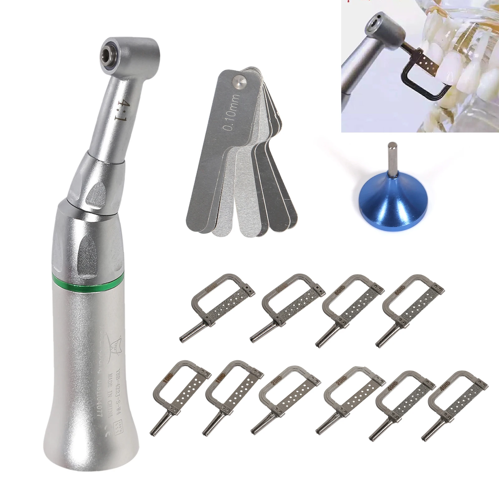 

Dental 4:1 Micro Saw Surgical Low Speed Contra Angle Handpiece Autoclavable Stripping IPR Kit