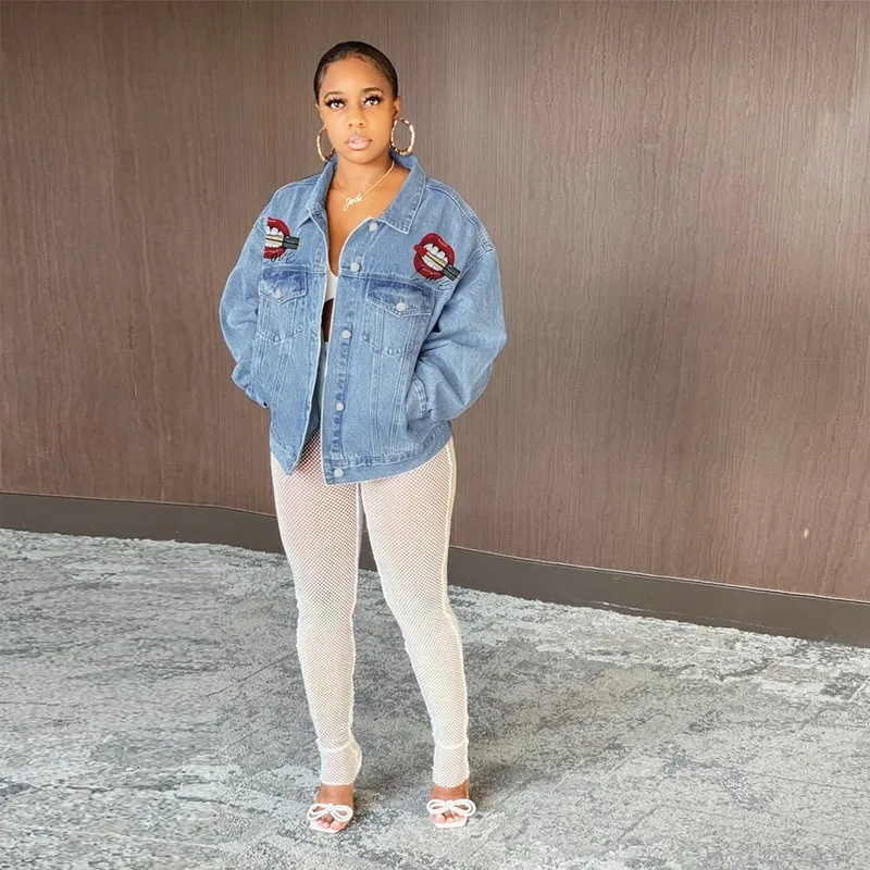 

2020 New Women's Loose Casual Mouth Patterned Denim Jacket Women's