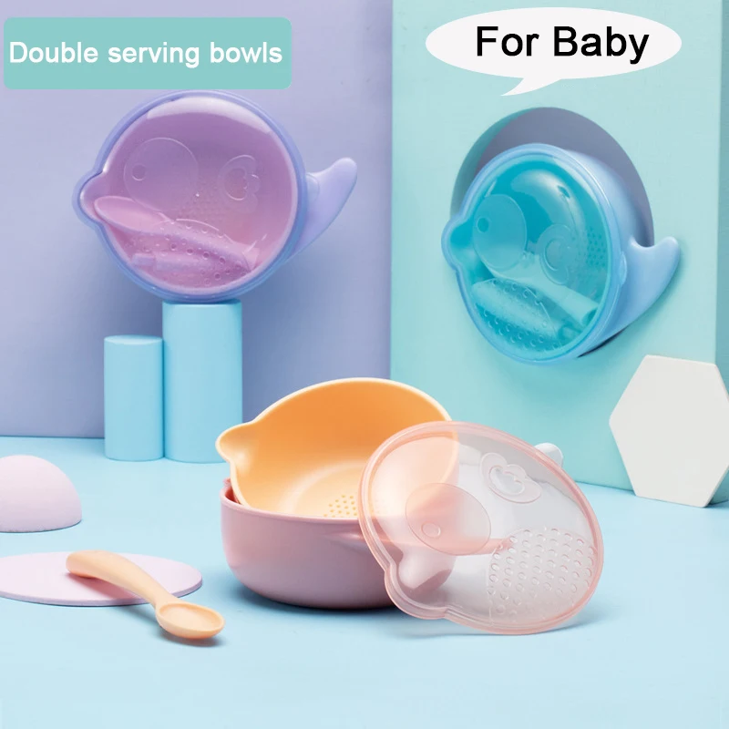 

Fashion 200ml Children tableware grinding plastic bowl with lid wholesale feeding tableware baby portable double food bowl