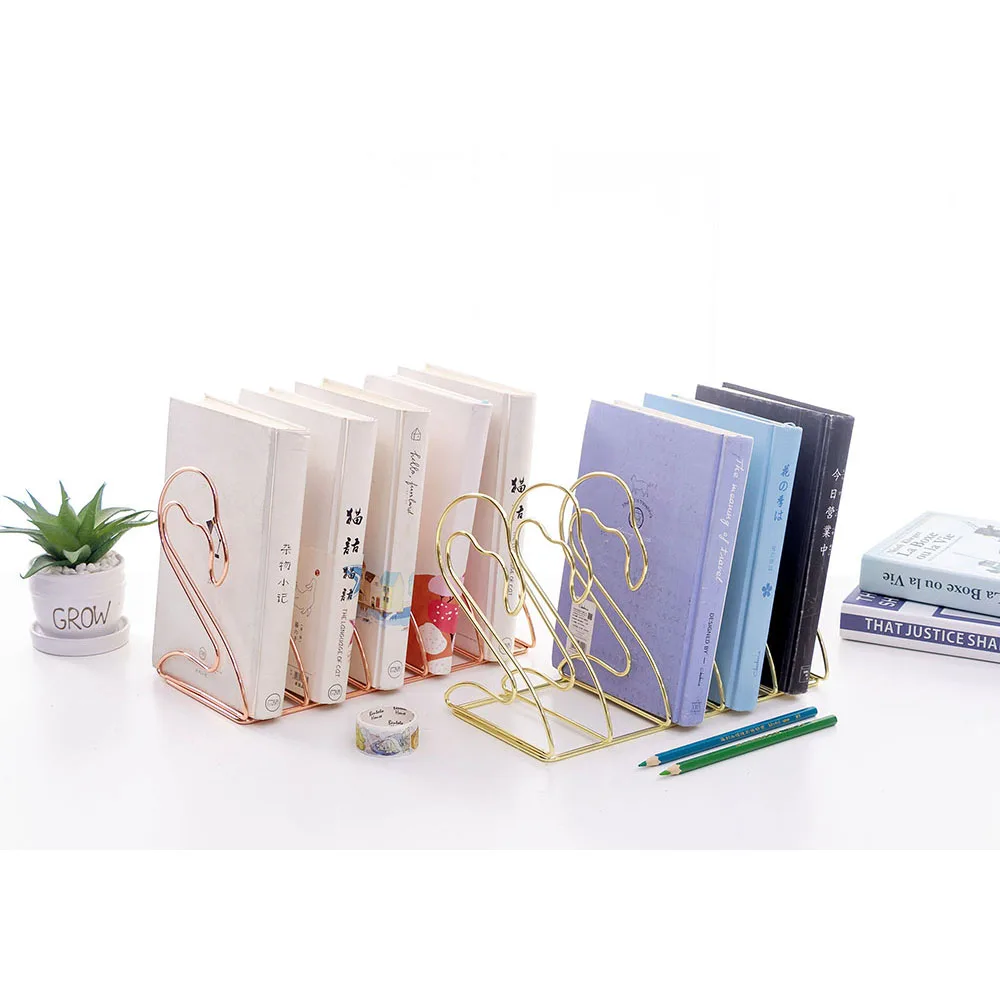 Office Home Flamingo shape desktop shelf simple magazine storage rack metal iron wire Book Holder School Bookends metal