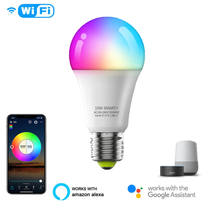 

Приглушаемая светодиодная смарт-лампа с Wi-Fi, 10 Вт, E27, 2700-6500 К