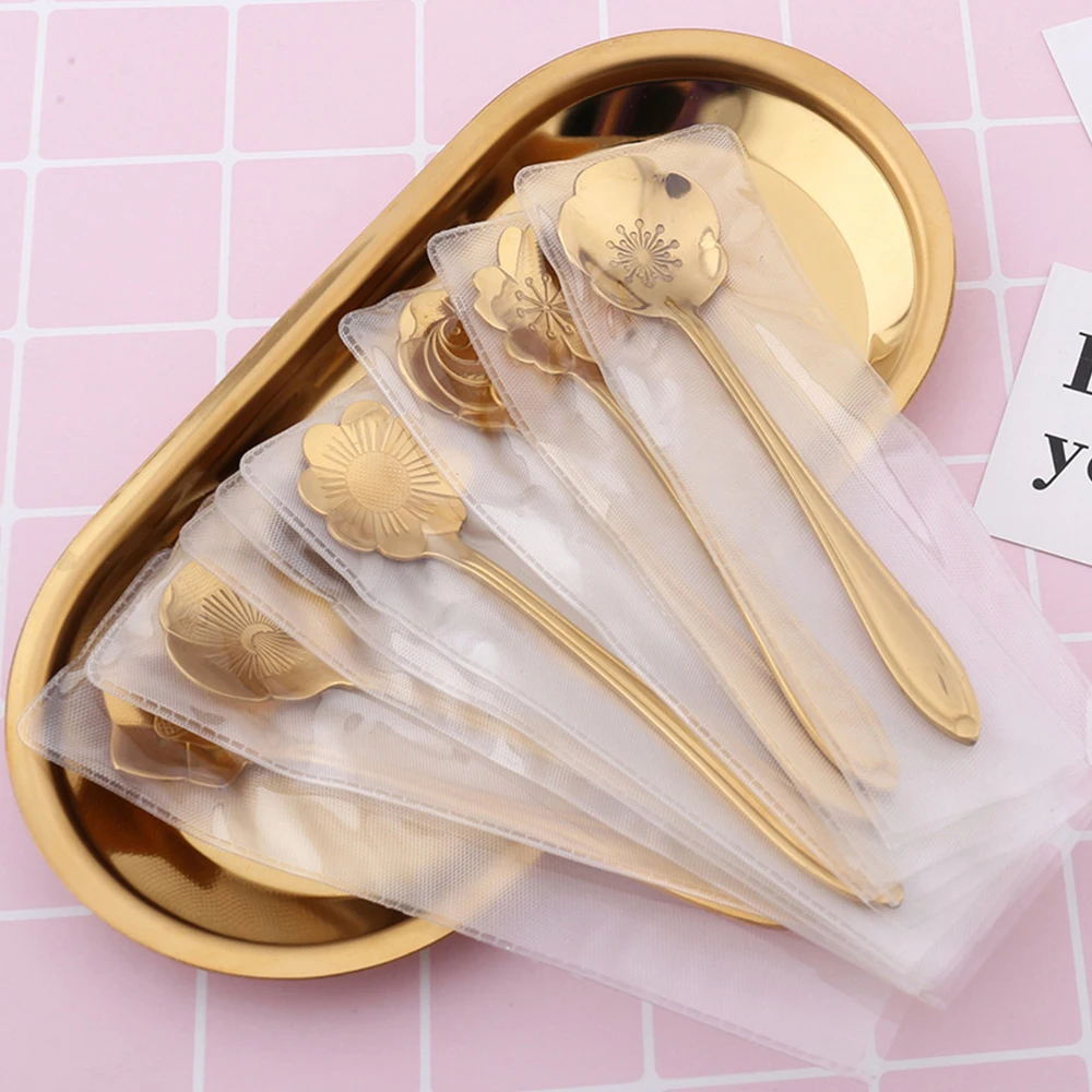 8PCs/ Set Cherry Blossoms Stainless Steel Tea Coffee Spoon Teaspoons Ice Cream Sugar Flatware Gold Kitchen Tableware | Дом и сад