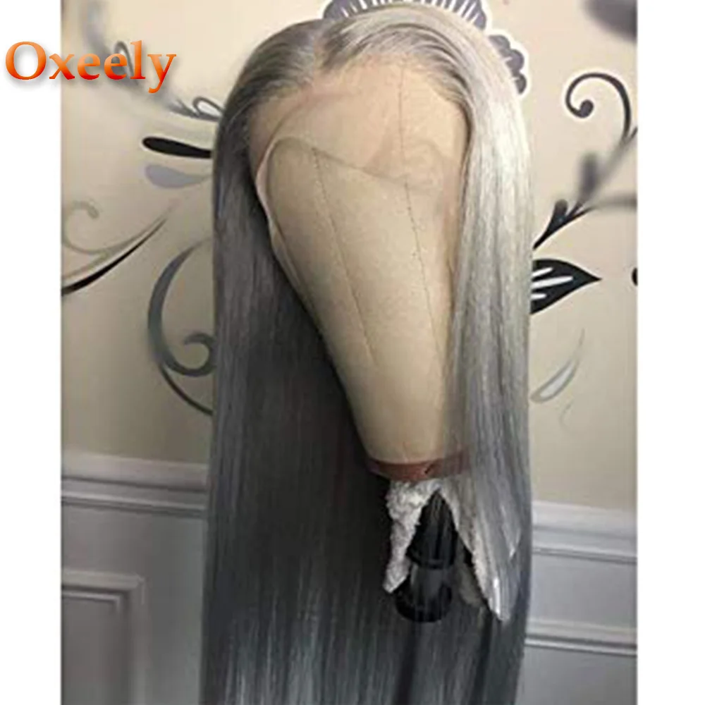 gray straight Oxeely серый парик длинные прямые синтетические кружева передние парики термостойкие 180 Плотность парик из натуральных волос для черных женщин - Цвет: gray straight