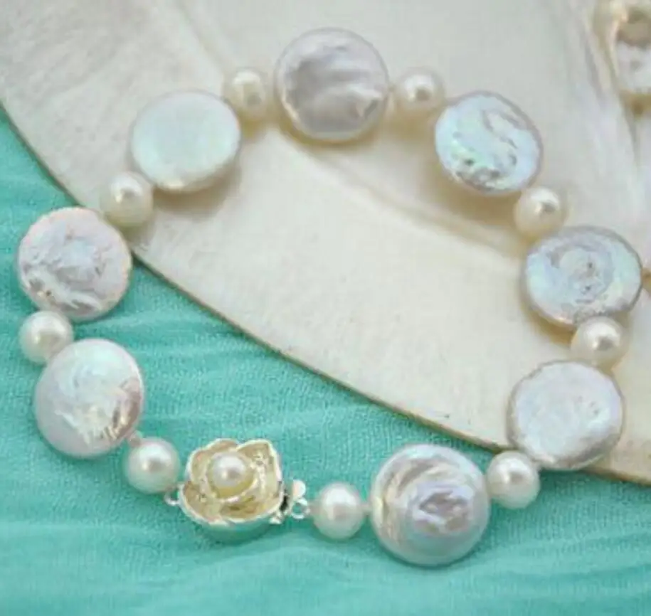 

new hot 8" 15mm coin white freshwater pearl bracelet