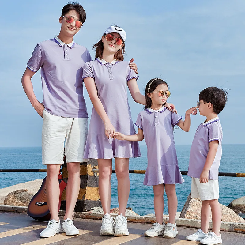 

2021 New Mom and Daughter Matching Clothes Lapel T-shirt Boy Shorts Lotus Edge Girls Dress Summer Casual Matching Family Outfits