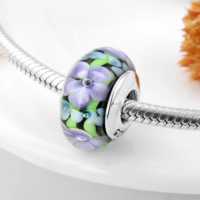 Бусины из серебра 925 пробы с фиолетовыми цветами в стиле поэзии бусины муранского