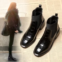 women boots shinning leather square toe elastic slip on med heels boot short ankle chelsea booties chunky shoes black boots
