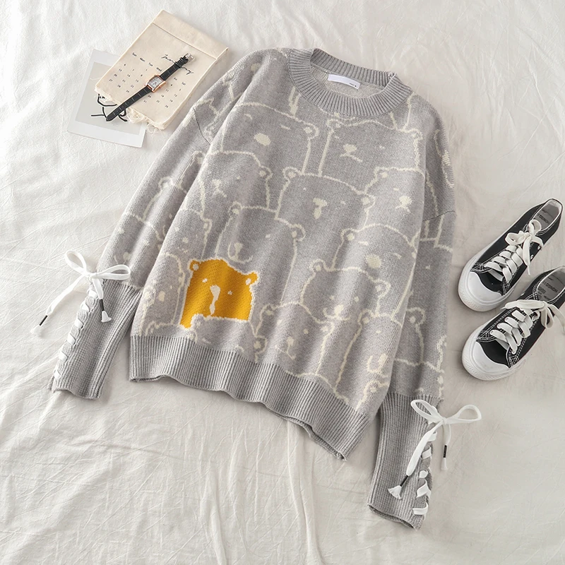 Neploe Pull Femme вязаный свитер с вышитым медведем из мультфильма осенне-зимние толстые теплые жаккардовые Джемперы вязаные пуловеры 56201