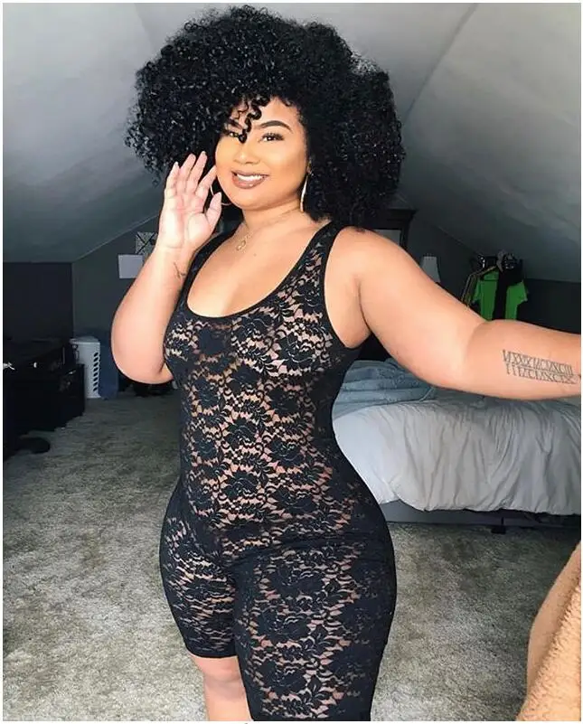 

Plus Size Black Lace Bodycon Playsuit Sleeveless See Through Skinny Jumpsuit Clubwear Party Rompers Womens Shorts Onesie