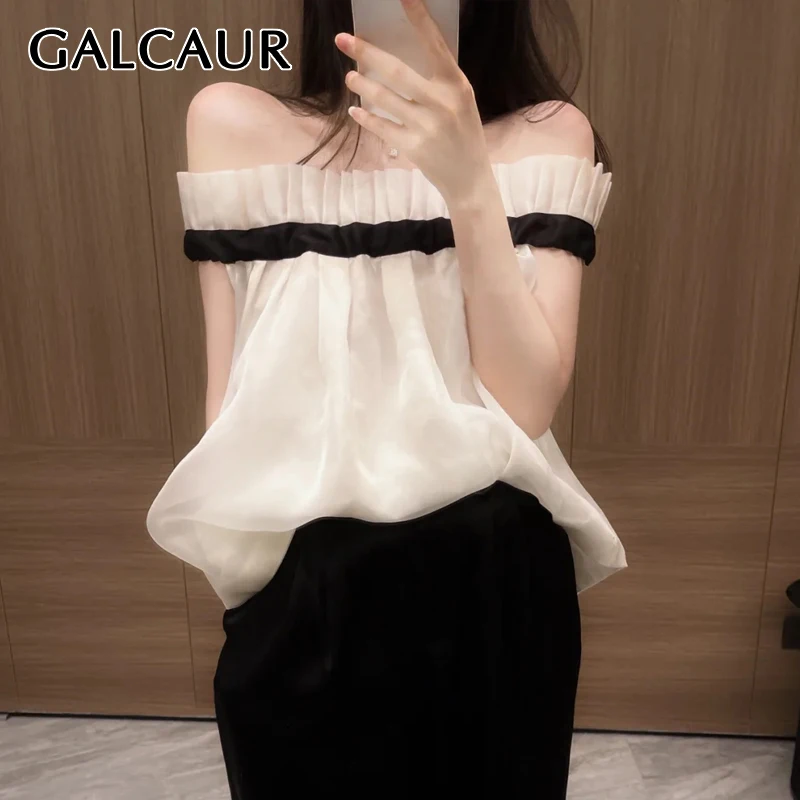 

GALCAUR Casual Loose Shirt For Women Slash Neck Short Sleeve Ruched Patchwork Hit Color Blouses Female 2021 Clothing Summer New