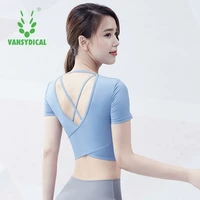 vansydical yoga shirt back cross sexy fitness tops women breathable quick dry backless gym workout short sleeve with chest pad