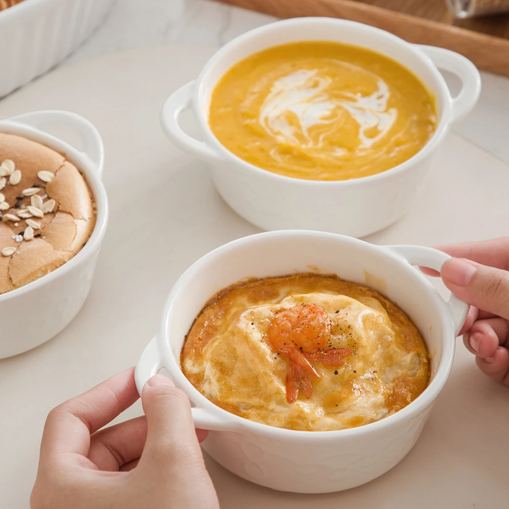 

MALACASA 4/8-Piece 310ML White Porcelain Bake Plate Pans with Handle,Ceramic Souffle Brulee Tapas Pie Baking Dishes Set Bakeware