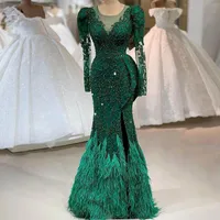 Luxury Emerald Green Beaded Lace Evening Dresses Real Image Feather Mermaid Evening Gowns Sexy Side Split Full Sleeves Prom Gown