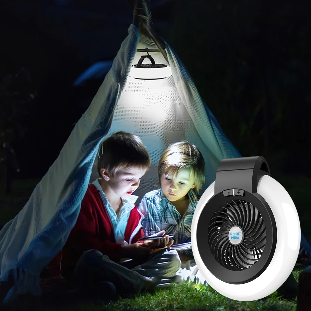 

Camping Fan with LED Light, 19x5cm USB Desk Fan with Lamp, 2-Mode Tent Lantern Fan for Tent Car RV Traveling Outdoors Strollers