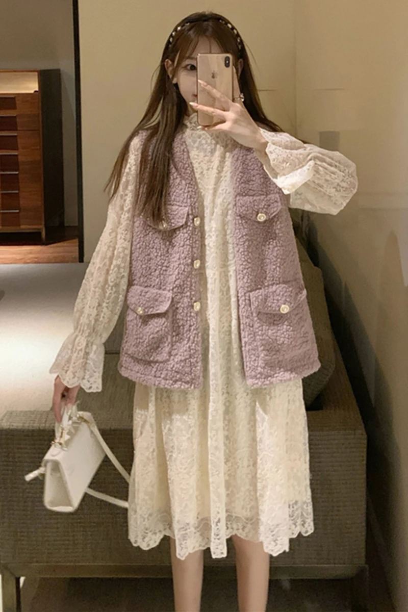 

Dresses for Women Summer French Style Girl Stand Collar Long Sleeve Lace r Small Waist Trimming Slimming Skirt