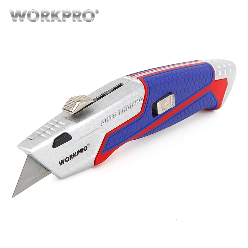 WORKPRO хозяйственный нож с выдвижным лезвием быстросменный алюминиевый сплав с 3 дополнительными лезвиями с функцией реза веревки - Цвет: W013012AE