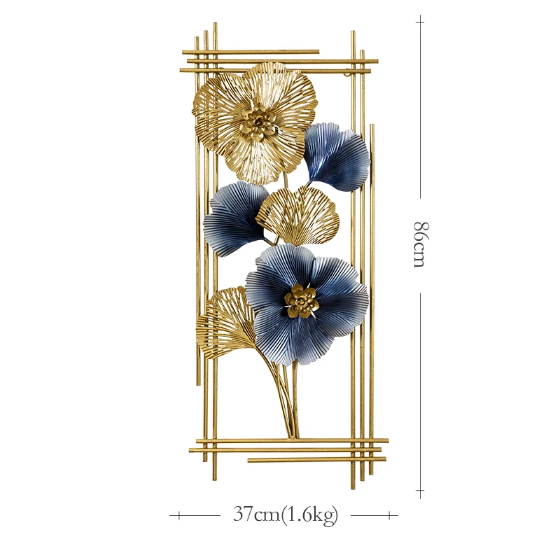 

New Chinese Wrought Iron Blue Gold Ginkgo Leaves Wall Hangings Crafts Home Livingroom Background Wall Sticker Mural Decoration