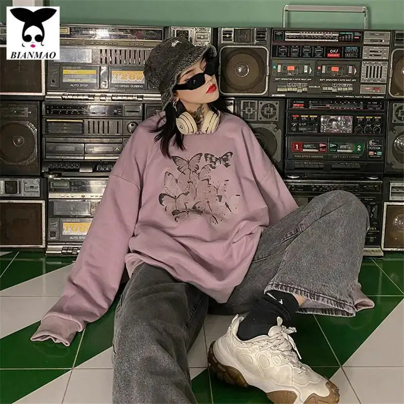 

New Autumn Sweatshirt Women Butterfly Printing Crew Neck Casual Loose Long Sleeve Oversized Pullover Hoodies Harajuku Hip Hop