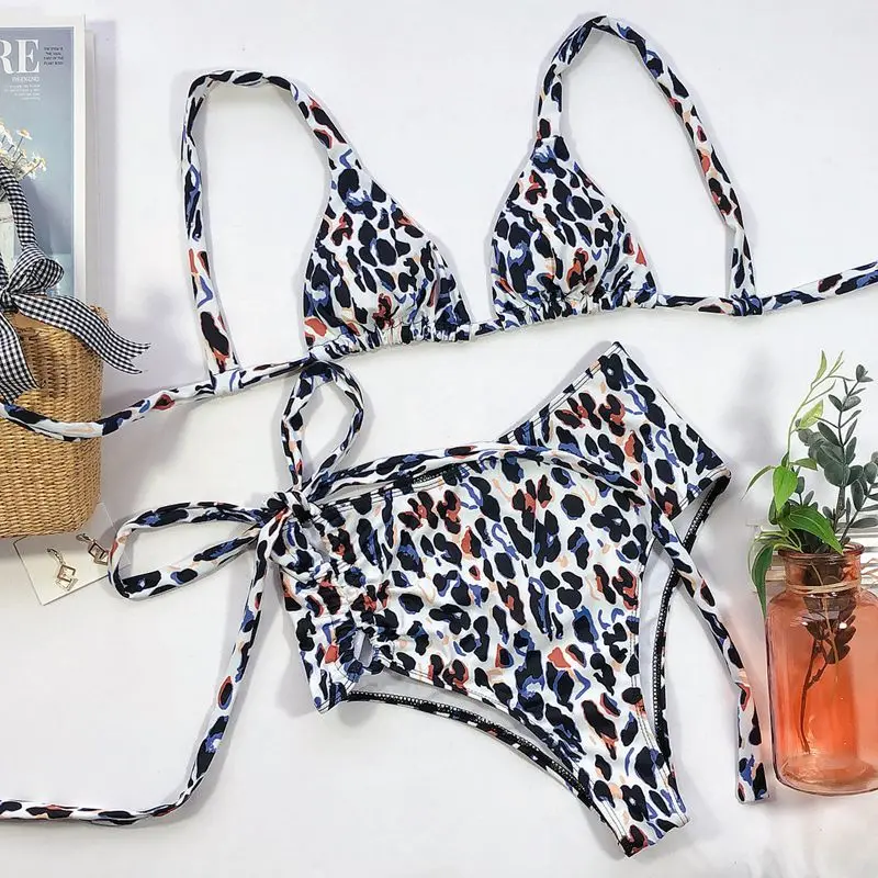 

2021 Leopard Print Sexy Women Bikini Swimwear Summer Push Up Lace-Up Bikini Set Fashion High Waist Female Swimsuit Bathing Suit