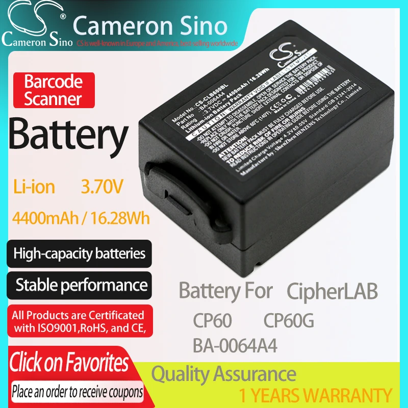 

CameronSino Battery for CipherLAB CP60 CP60G fits CipherLAB BA-0064A4 BCP60ACC00002 Barcode Scanner battery 4400mAh/16.28Wh