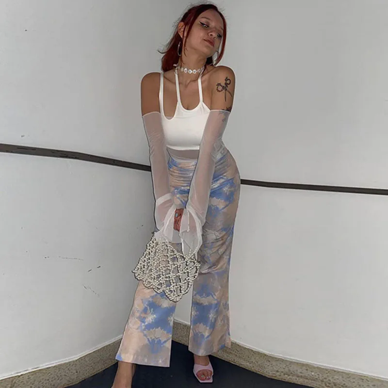 

SEASONS Summer Fashion Women Mesh Long Crop Tops Female Long Sleeve Elegant Commute Outdoor Solid White Sling T-Shirts ASTS84167