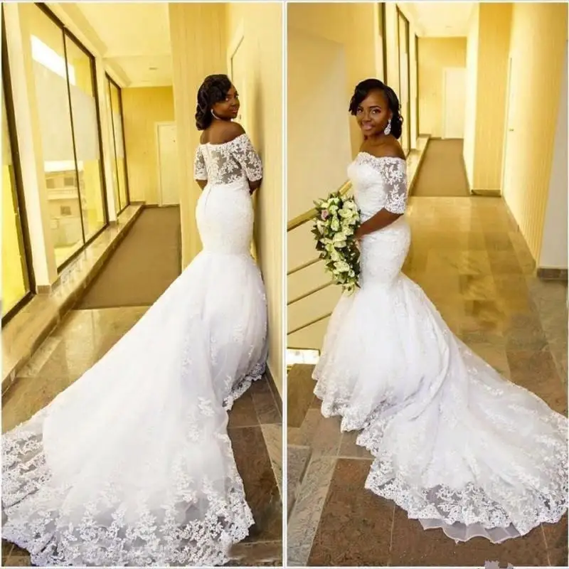 

Arabic African Mermaid Wedding Dresses Plus Size Court Train See Through Back Off-the-shoulder Half Sleeve Lace Bridal Gowns