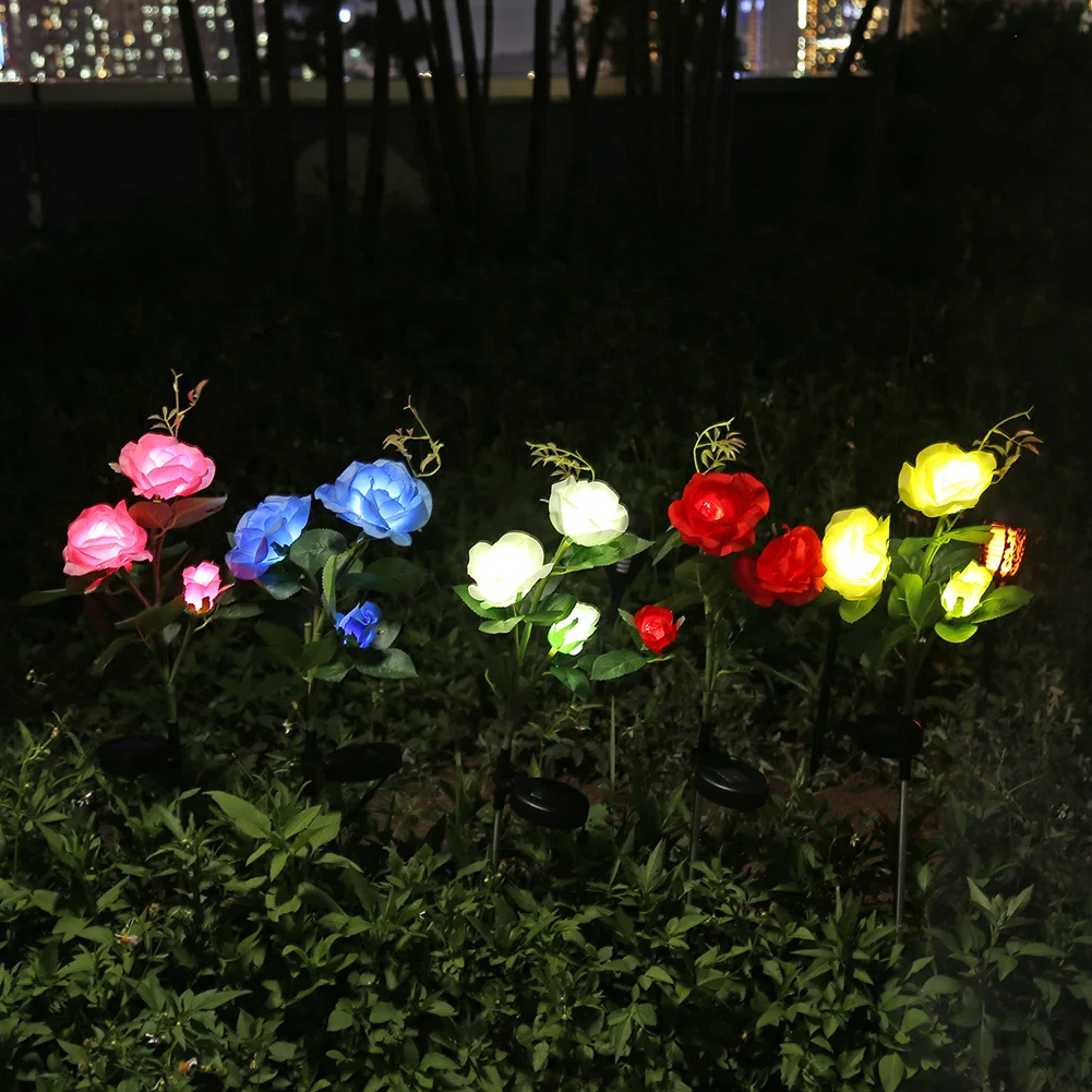 

LED Solar Light Simulation 3-Rose Flower Outdoor Waterproof Garden Lawn Stakes Lamps Yard Art for Home Courtyard Decoration