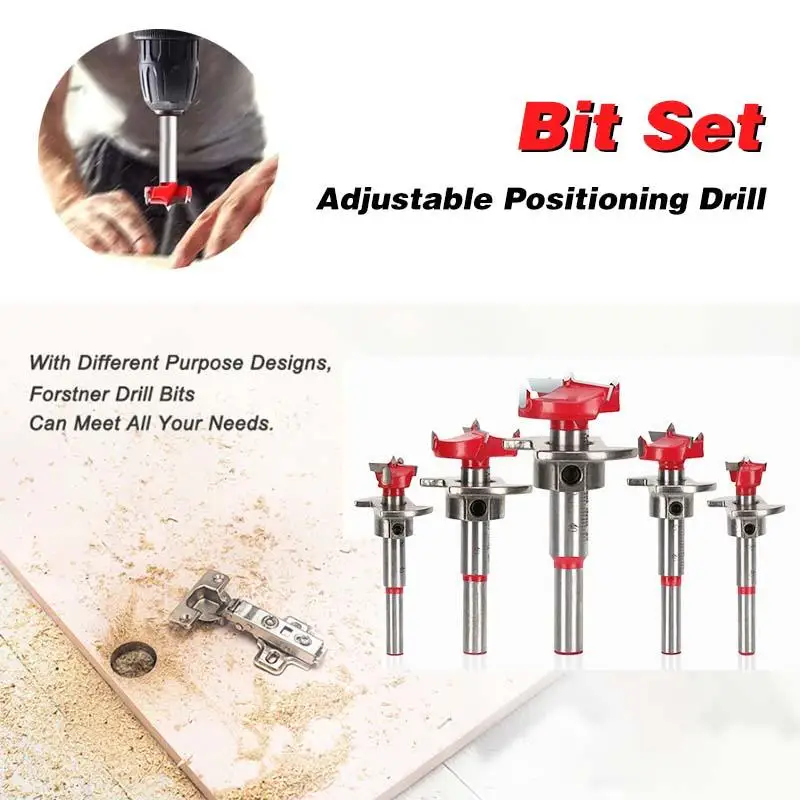 

Positioning Woodworking Drill Bit Set 15/20/25/30/35mm 5 Piece Set Carton Pack Carbide Drill Bit Adjustable Wood Hole Opener