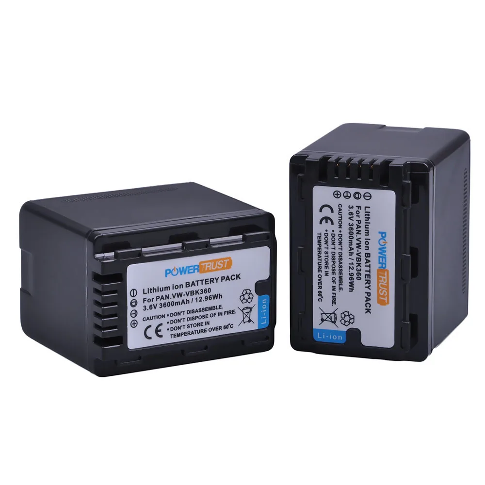 PowerTrust 1 шт. 3600 мА/ч, VW-VBK360 VW VBK360 VBK360 Батарея для цифрового фотоаппарата Panasonic HDC-HS80 SD40 SD60 SD80 SDX1 SDR-H100 HS60 HS80 H85 H95 - Цвет: 2x Battery