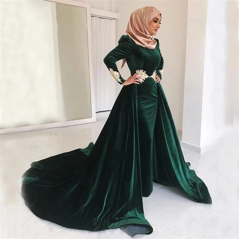 

Sheath/Column Muslim Evening Dresses Mermaid Long Sleeves Court Train Velvet Lace Islamic Dubai Saudi Arabic Prom Party Gowns