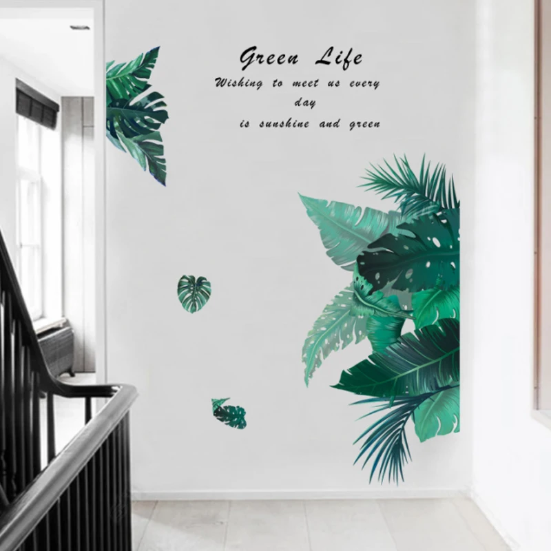 Декоративные наклейки на стену в виде зеленых листьев для украшения гостиной