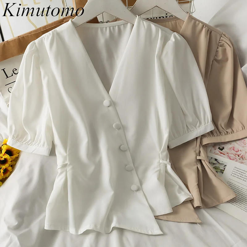 

Асимметричная женская блузка Kimutomo на пуговицах с V-образным вырезом, элегантная приталенная Однотонная рубашка во французском стиле с высо...