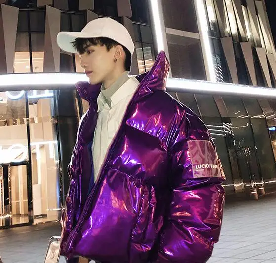 purple Зимняя куртка мужская мода маленький чистый стоячий воротник свободный Parker яркая кожа ткань Толстый хлопок пальто прилива Мужская пара - Цвет: purple