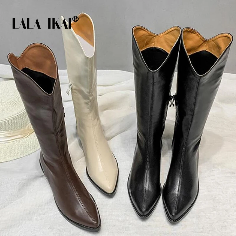 

LALA IKAI Women Beige High Heels Wedges Long Boots Lady Riding Cowboy Boots Autumn Designer Pointed Toe Knee-High Boots
