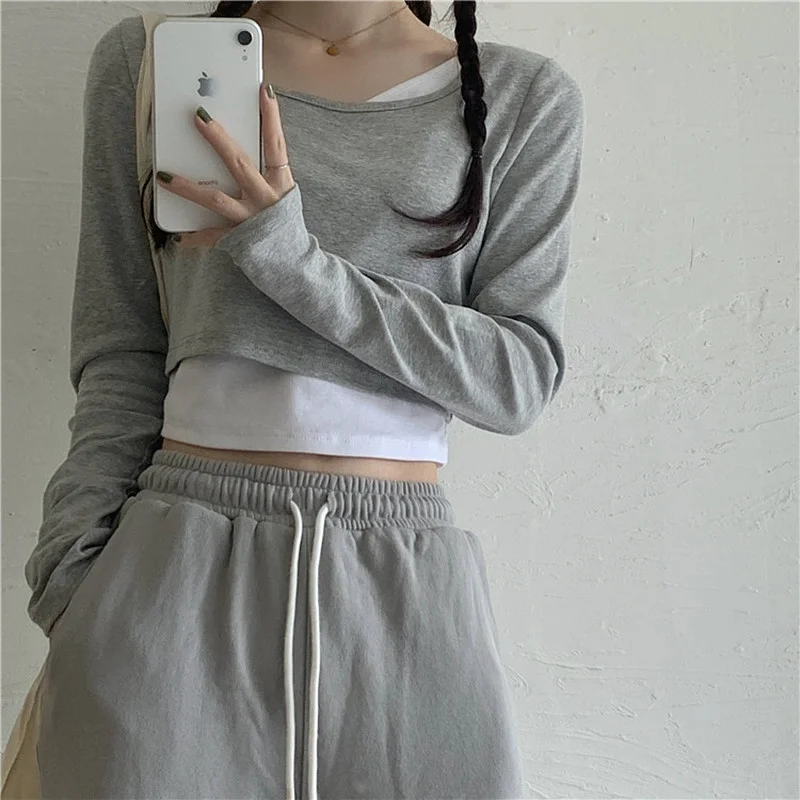 

Crop Top Women's Clothing Fake Two Clothes T-Shirts Korean Clothes Spring/Autumn Patchwork Casual All-match O-Neck Long Sleeve