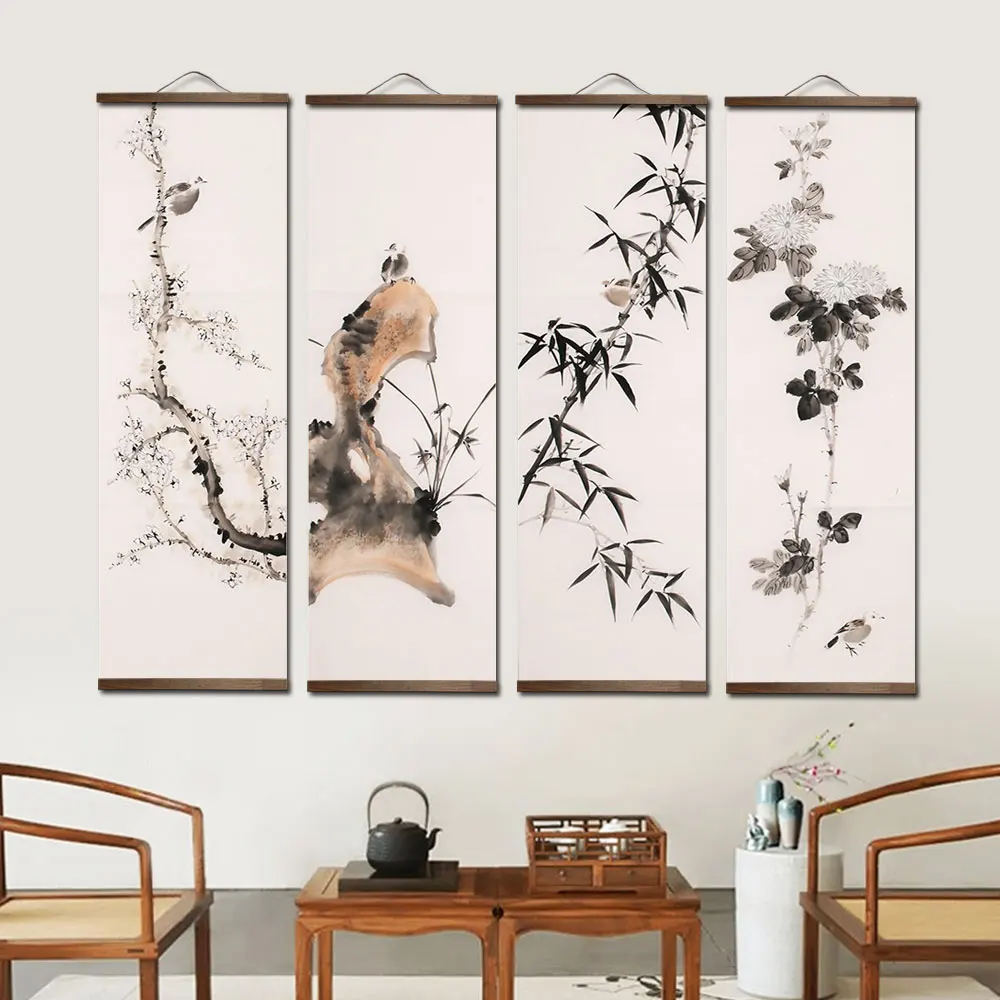 Chinese Ink Landscape Bamboo Canvas Scroll Painting Poster Prints Wall Art Pictures for Livingroom Bedroom Home Decor with Frame