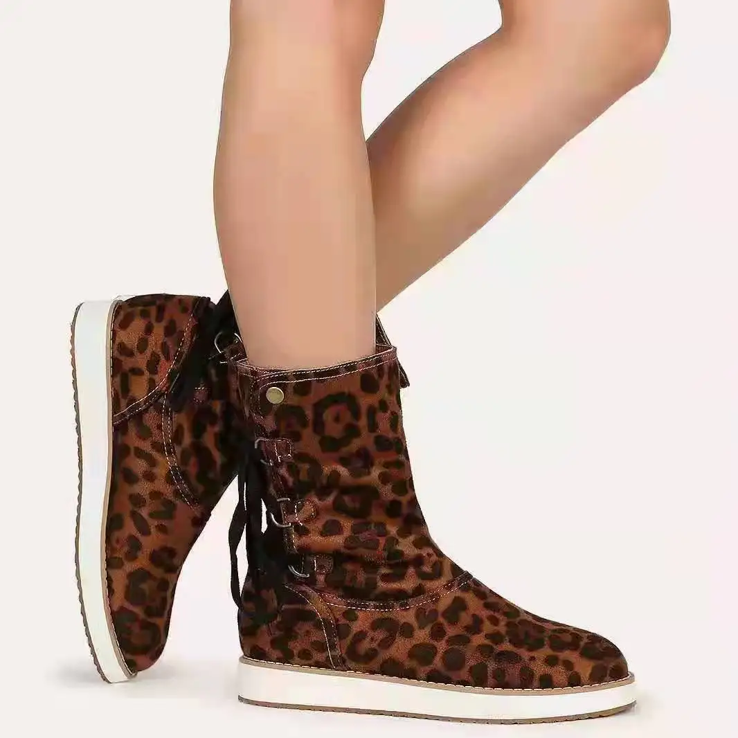 

2022 Women Boots Genuine Leather Lace Up Female Mid-calf Boots Cross-band Matte Leopard Ladies Flats Shoes Winter Comfort New