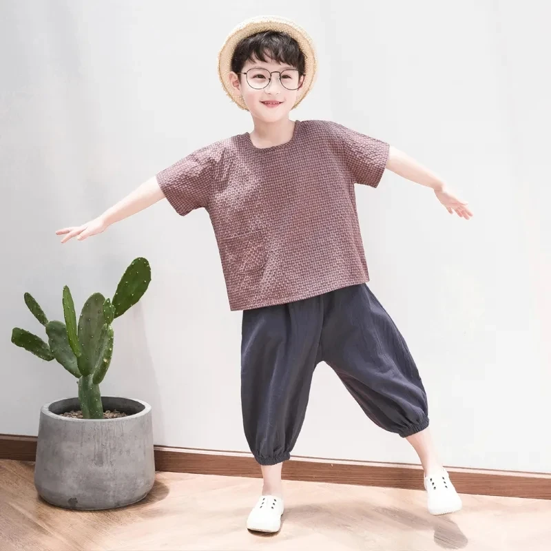 

Summer Cotton And Linen Boys Sets 2021 New Handsome Solid Color Short-Sleeved Shirt Plus 7-Point Pants Children's Two-Piece Suit