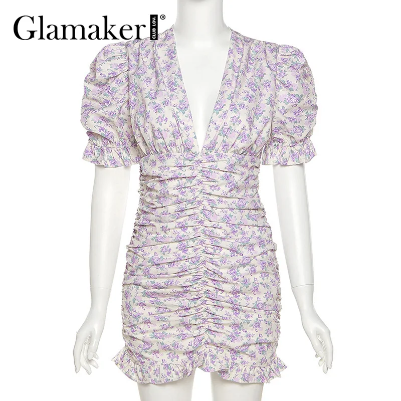 

Glamaker v neck pleated boho floral print dress Sexy short puff sleeve bodycon summer holiday beach party club dress 2021