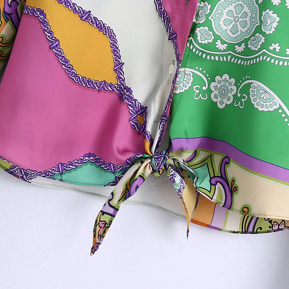 

XEASY Summer Women Vintage Casual Bohemia Two-Piece Set Print Hem Bowknot Shirts Female Elastic High Waist Shorts Shorts Set