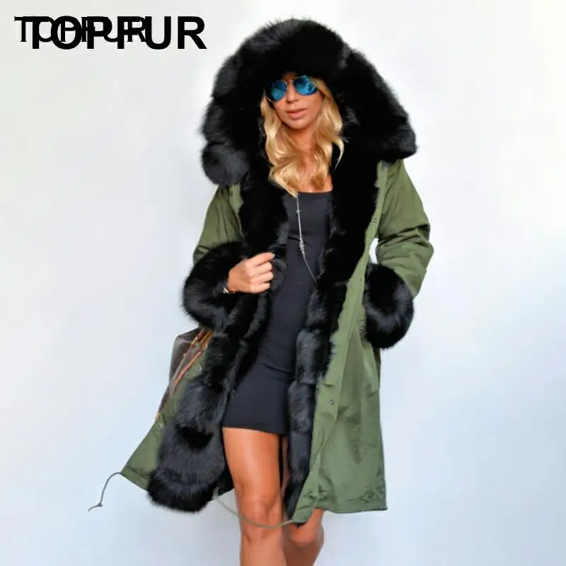 Женская парка с натуральным мехом на кроличьем меху TOPFUR темно зеленая воротником