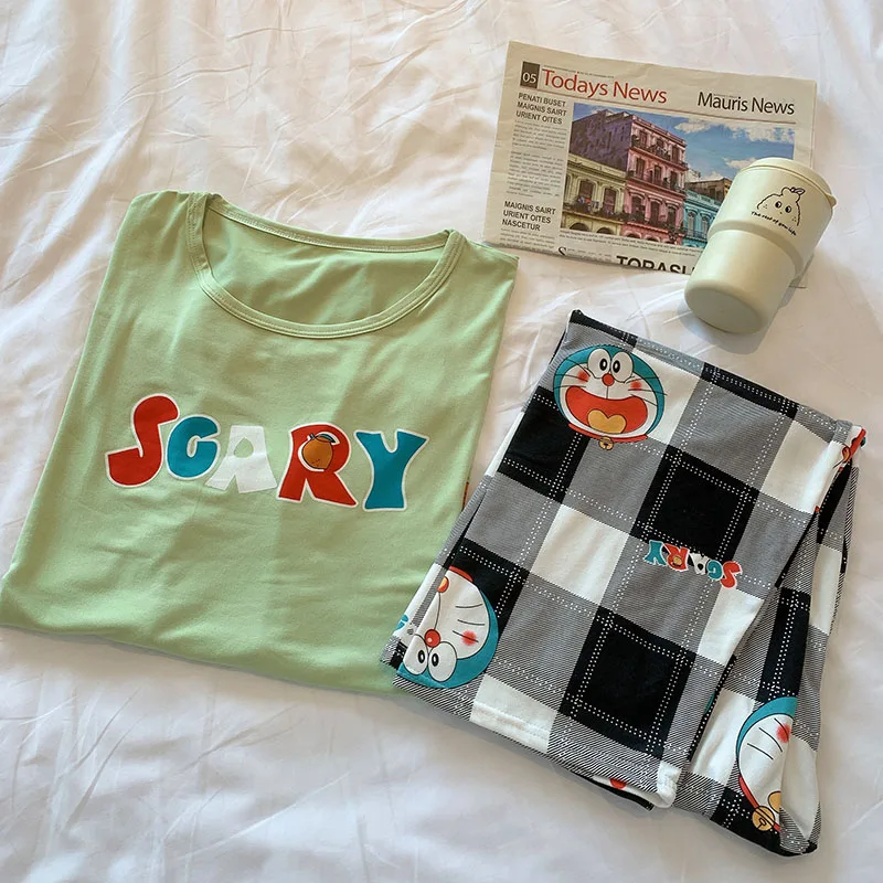 

Tonngirls Doraemon Pijamas Women Sleepwear Summer Pajama Cartoon Print Short Sleeve Ladies Night Suit Homewear Korean Fashion