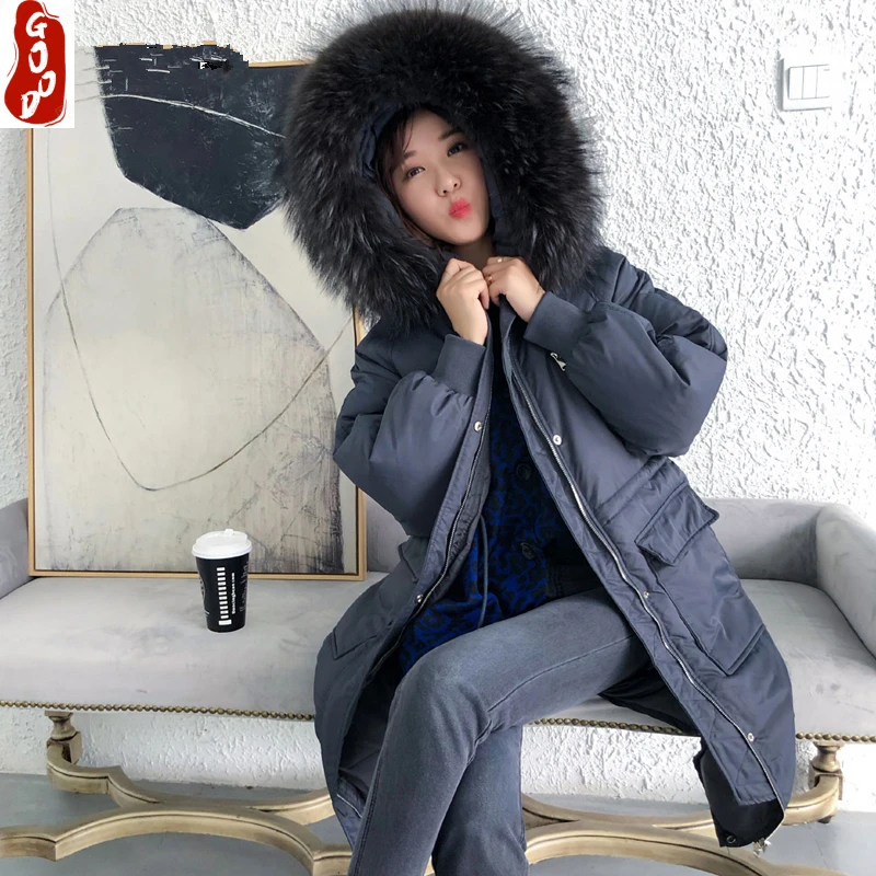 

Женский длинный пуховик с капюшоном, куртка на утином пуху с мехом енота и капюшоном в Корейском стиле, зима 3191