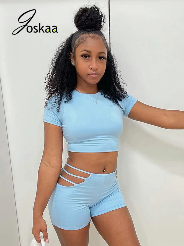 

Joskaa Short Sleeve T Shirt And Cut Out Shorts 2 Piece Set Solid Brown Biker Set Summer Active Sport Outwear 2021 Bodycon Outfit