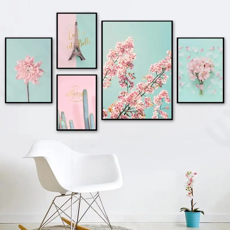Nordic девушка декоративное живописное полотно принты розовые цветы Эйфелева башня