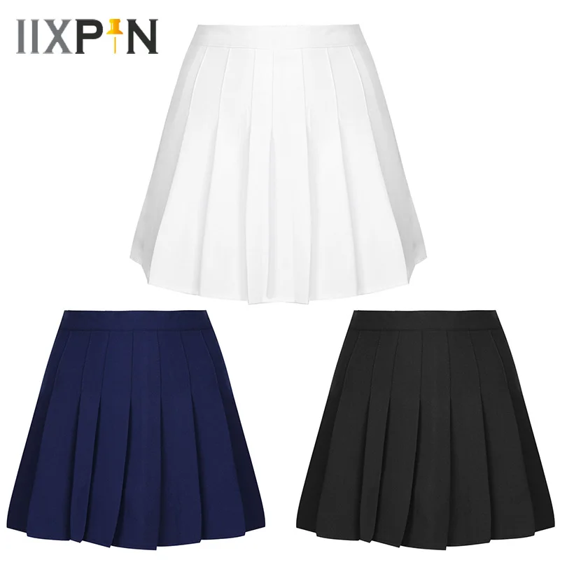 Купи Girls Solid High Waist Pleated Skirt Casual Skate Tennis Student School Dance Team Uniform A-Line Mini Skirts with Lining Shorts за 659 рублей в магазине AliExpress