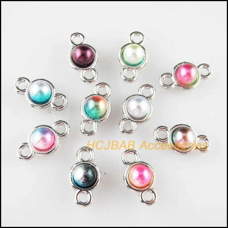 

30 New Round Charms Colored Acrylic Dull Silver Plated Connectors 8.5x16mm
