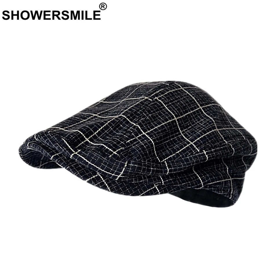 SHOWERSMILE повседневная мужская плоская кепка летний льняной берет шапка клетчатая
