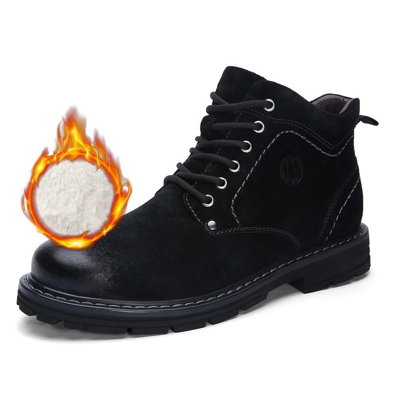 Fur inside Black Winter Ankle Boots mens Genuine Leather Snow Boots Big Size 38-50 Outdoor Warm Winter Shoes for Men Anti-cold Boots Walker Peak - Цвет: Fur inside Black